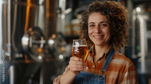Portrait of woman brewery master holding glass of beer. Small business  Production of craft beer.