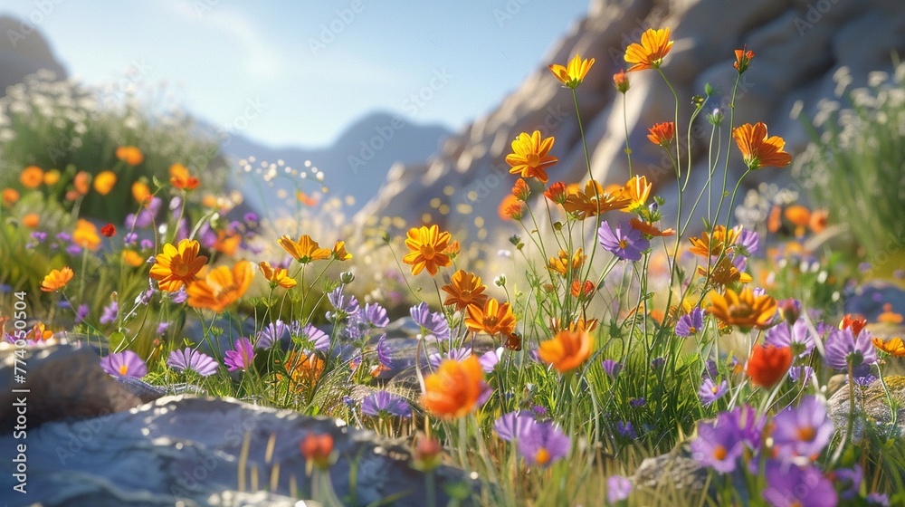 Closeup of desert wildflowers, random selection, photorealistic, vibrant under natural sunlight ,3DCG,high resulution