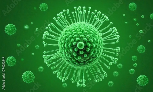 A digital render of a viral particle in a green environment  the image highlights microscopic beauty and threat. It depicts the complex structure of pathogens we often battle. AI generation