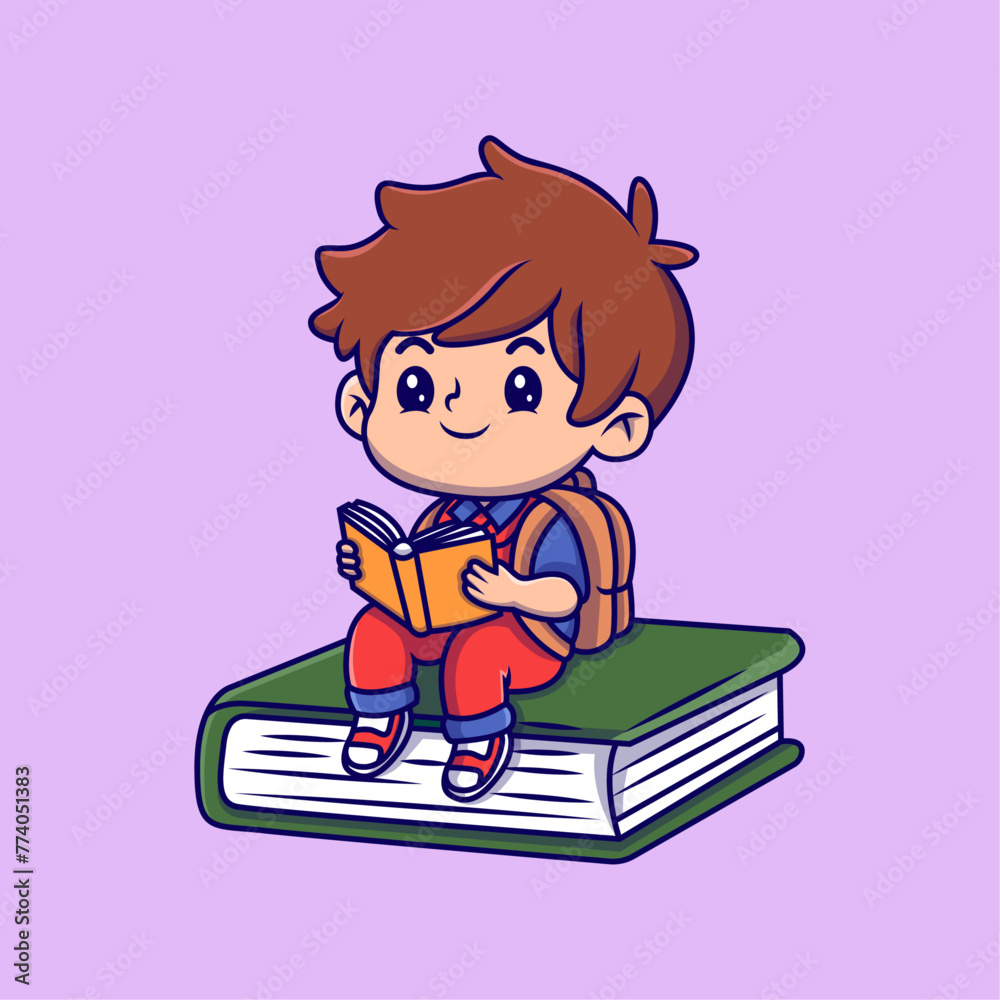 Cute a little boy reading book cartoon illustration. Study icon concept. Flat cartoon style. Cute a little boy reading book cartoon illustration. Study icon concept. Flat cartoon style.