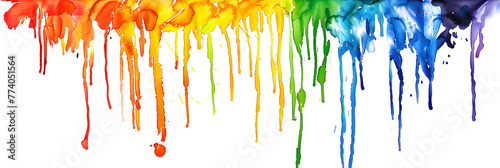 Rainbow dripped watercolor paint stain on transparent background.