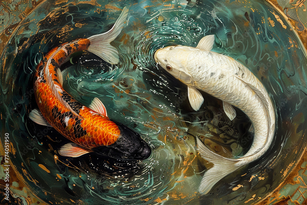 A koi fish pond with one black koi and one white koi swimming gracefully in perfect harmony representing the yin and yang balance A koi fish pond with one black koi and one white koi swimming gracefully in perfect harmony representing the yin and yang balance