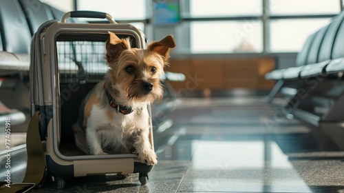 photo of a dog carrier at the airport, dog love, dog safety, holidays with animal friend, copy and text space, 16:9 © Christian