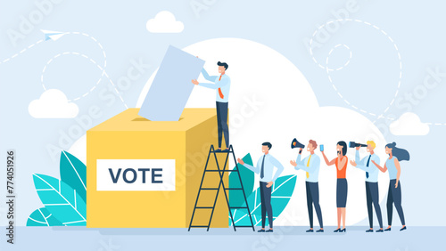 People waiting in line to vote at election. Crowd of people go to the polls to vote. Referendum. Citizens stand in queue signing for petition with signatures. Election day voters. Vector illustration