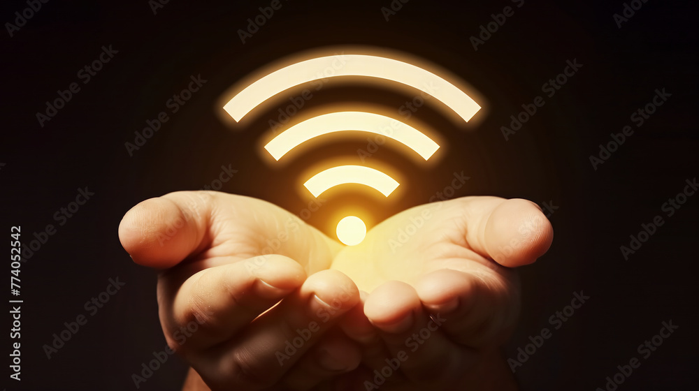 A hand holding a wifi inter net icon symbol on dark background. - obrazy, fototapety, plakaty 