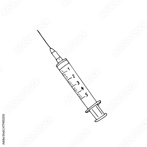 Hand-drawn hypodermic syringe with needle. Isolated illustration on  white background