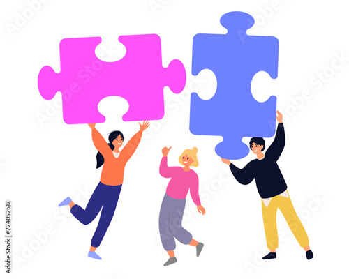 Solution. People fitting together pieces of a jigsaw puzzle. Cooperation and teamwork, solutions and problem solving. Flat concept vector illustration for web page, website and mobile