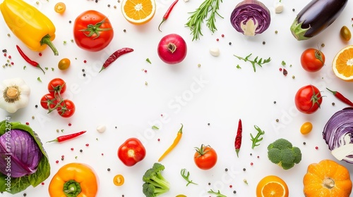 Vegetable and fruit banner isolated on white background. Creative flat layout. Concept of healthy eating. Frame of vegetables with space for text.