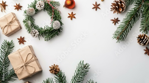 Christmas wreath on white background. Copy space and flat lay.