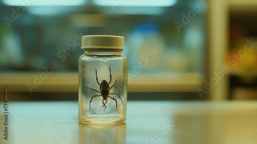 Dangerous tick insect in vial and test-tubes in medical laboratory. Dangerous animal. photo