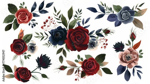A set of floral elements including red, burgundy, navy blue roses, and green leaves. A bouquet of roses, a wedding poster, an invitation. Modern arrangements for the design of greeting cards and