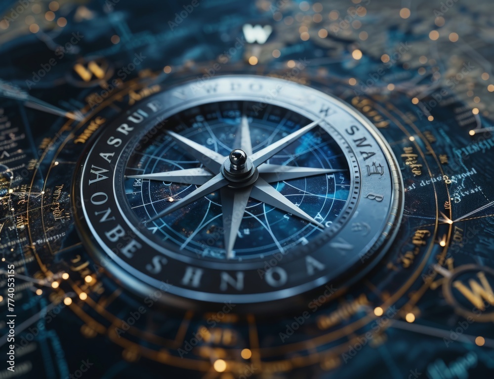 Fototapeta premium Blue compass rose on top of a map