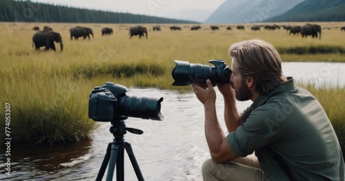 A photographer kneels to capture a herd of elephants roaming the grassy savannah, with a second camera set on a tripod ready to film. The majestic elephants graze peacefully against a backdrop of