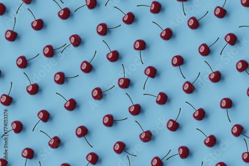 Many cherries on steel blue background. Top flat view, diagonal grid. 3d render, illustration