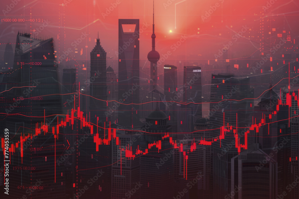 An economic chart depicting a decline against the backdrop of a Chinese megacity. Concept of slowing down the Chinese economy. Recession. Generative AI. - obrazy, fototapety, plakaty 