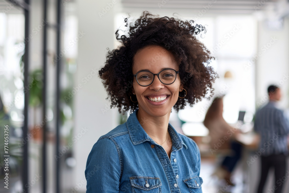 Radiant Afro Woman in Denim Smiling in Modern Office