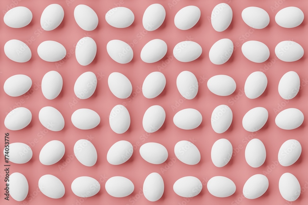 Many white eggs on indian red background. Top flat view, horizontal. 3d render, illustration Many white eggs on indian red background. Top flat view, horizontal. 3d render, illustration