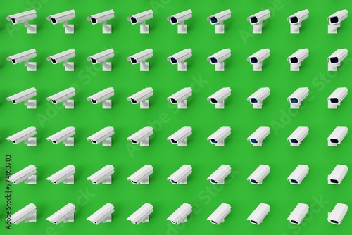 Many cctv on green background. Top flat view, cameras looking left. 3d render, illustration photo