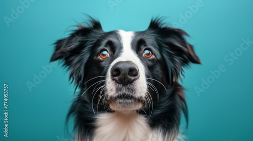 portrait of a black and white border collie dog in front of white background © PaulShlykov