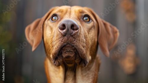 Adorable purebred Rhodesian Ridgeback attentively listening to commands, close-up with background of grass lawn.