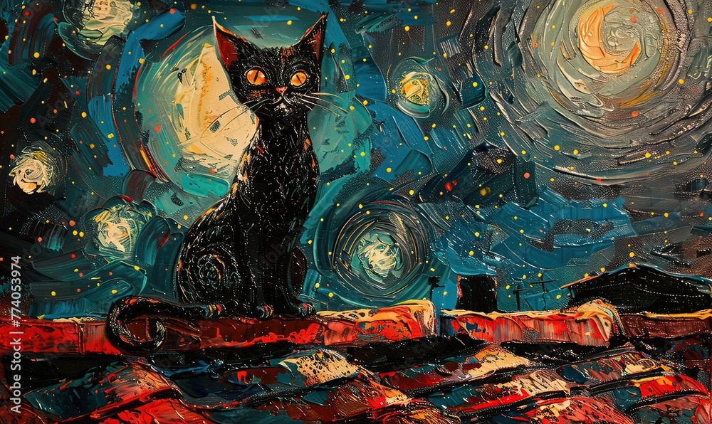 Ai gatto che miagola alla luna dipinto 02 - obrazy, fototapety, plakaty 