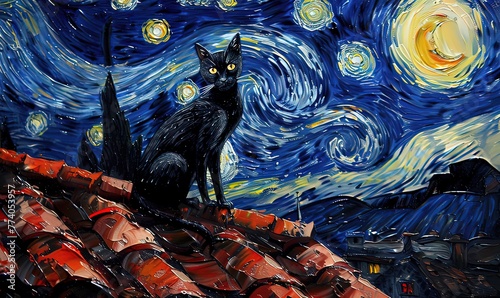Ai gatto che miagola alla luna dipinto 04 photo
