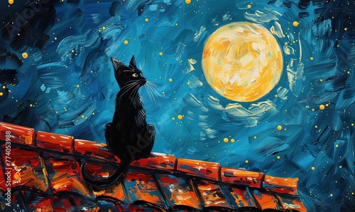 Ai gatto che miagola alla luna dipinto 01 photo