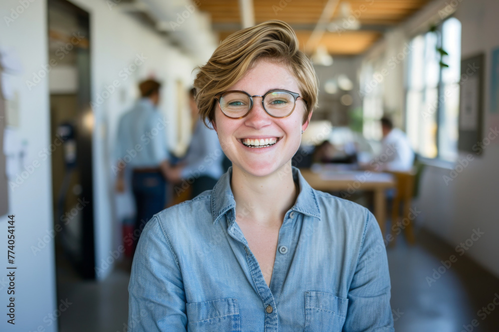 Young, Happy Woman Wearing Glasses in Modern Office Environment Young, Happy Woman Wearing Glasses in Modern Office Environment