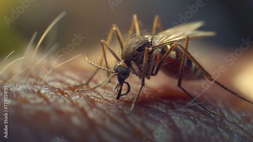 Mosquito sucking blood on human skin, macro shot