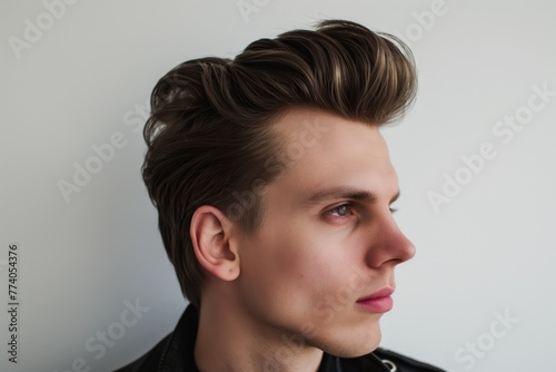 Close-up detail photo of a modern quiff hairstyle on a young model against a neutral background photo