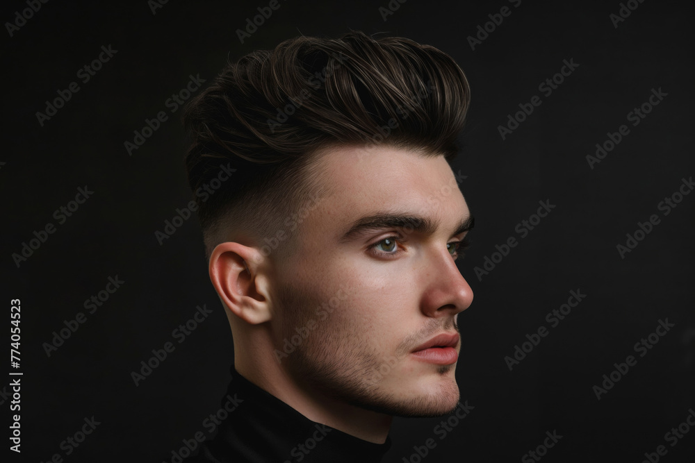 Side view of a young man showcasing a modern quiff hairstyle against a black background Side view of a young man showcasing a modern quiff hairstyle against a black background