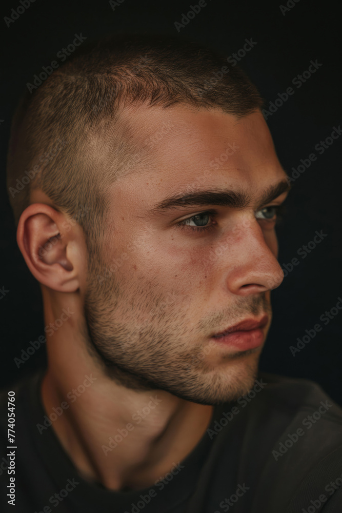 Close-up photo showcasing a man's buzz cut against a dark background Close-up photo showcasing a man's buzz cut against a dark background