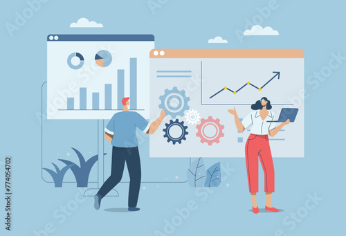 Business data analysis, Information for financial investment ideas, Business team with analyzing or reviewing data reported on dashboard, Tracking various statistics, Vector design illustration.