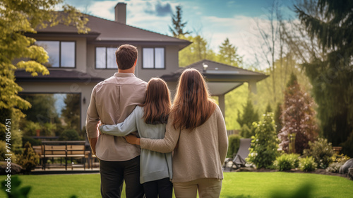 Young family looking at their new home standing, real estate purchase