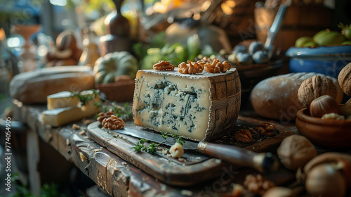 Artisan cheese with nuts on a wooden board, surrounded by fresh produce at a rustic market.