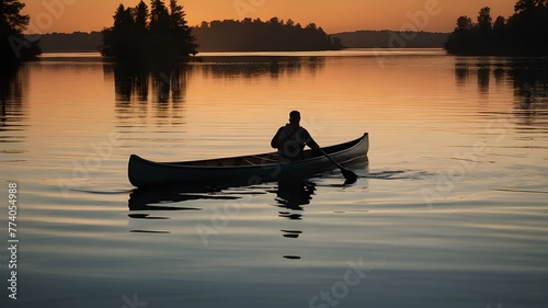  A serene sunset scene over a calm lake, featuring silhouetted trees and a lone person paddling a canoe. The warm hues of the sunset reflect beautifully on the tranquil water, creating a peaceful and 