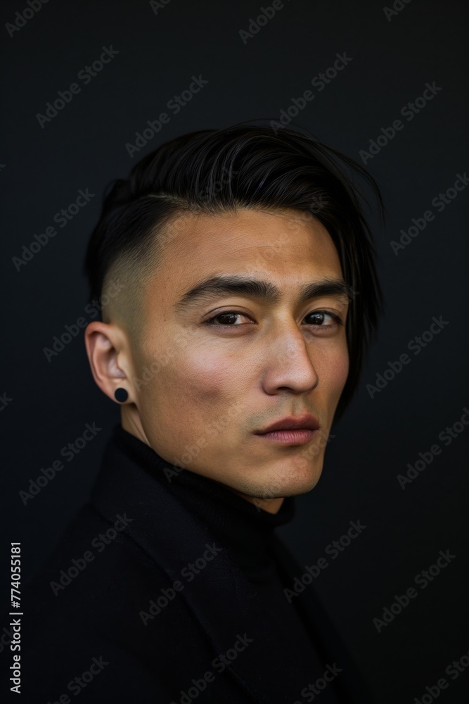 Close-up of a young man with a modern undercut hairstyle, posing against a dark background Close-up of a young man with a modern undercut hairstyle, posing against a dark background