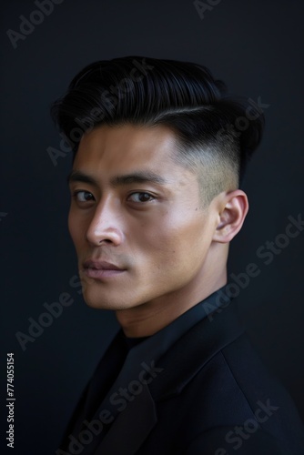 Detailed side view of a charismatic man sporting a stylish sleek undercut hairstyle on a dark background