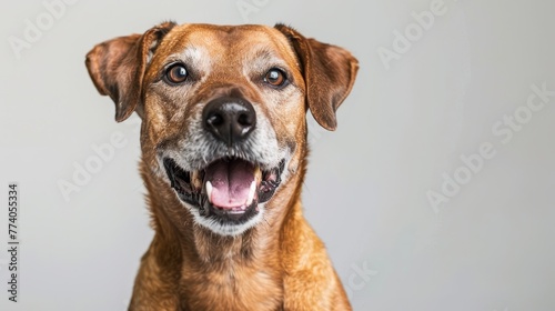 Face shot studio portrait of a smiling senior mixed breed dog in fawn against a white background