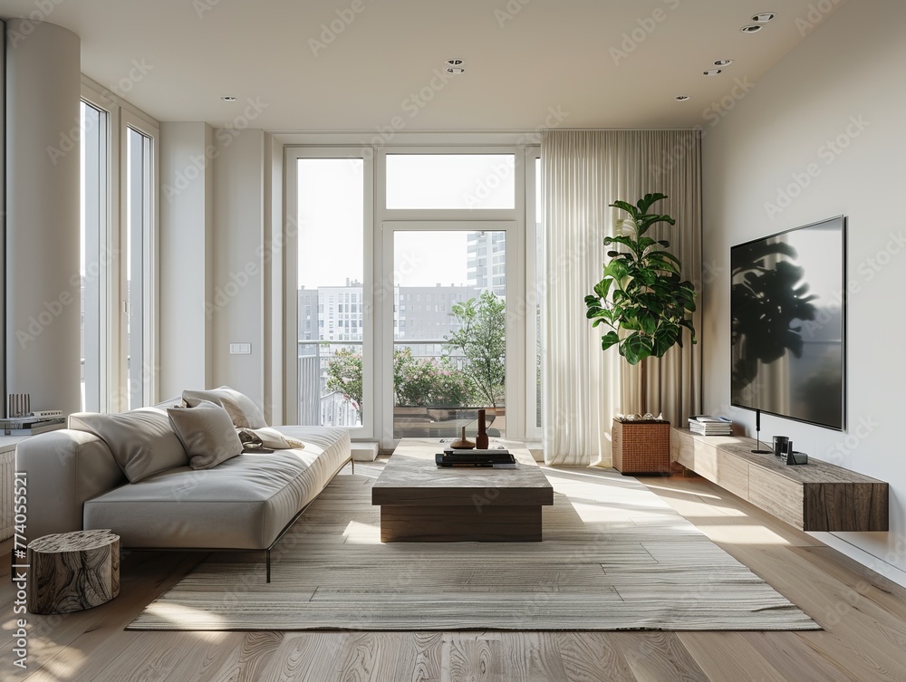 Minimalist modern living room with mockup frame interior background, Scandinavian style