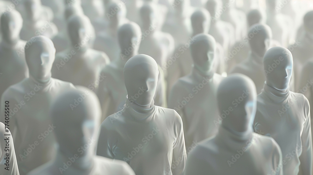 A group of white mannequins are arranged in a row, with their heads turned to the right. A group of white mannequins are arranged in a row, with their heads turned to the right.