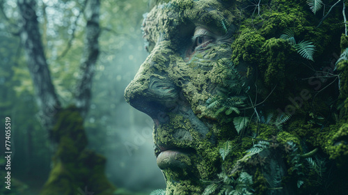 A green face with moss and plants growing on it. The face is surrounded by trees and plants, giving it a natural and organic appearance. © PPstock