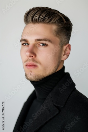 Portrait of a handsome young man sporting a fashionable slicked-back undercut haircut against a neutral background