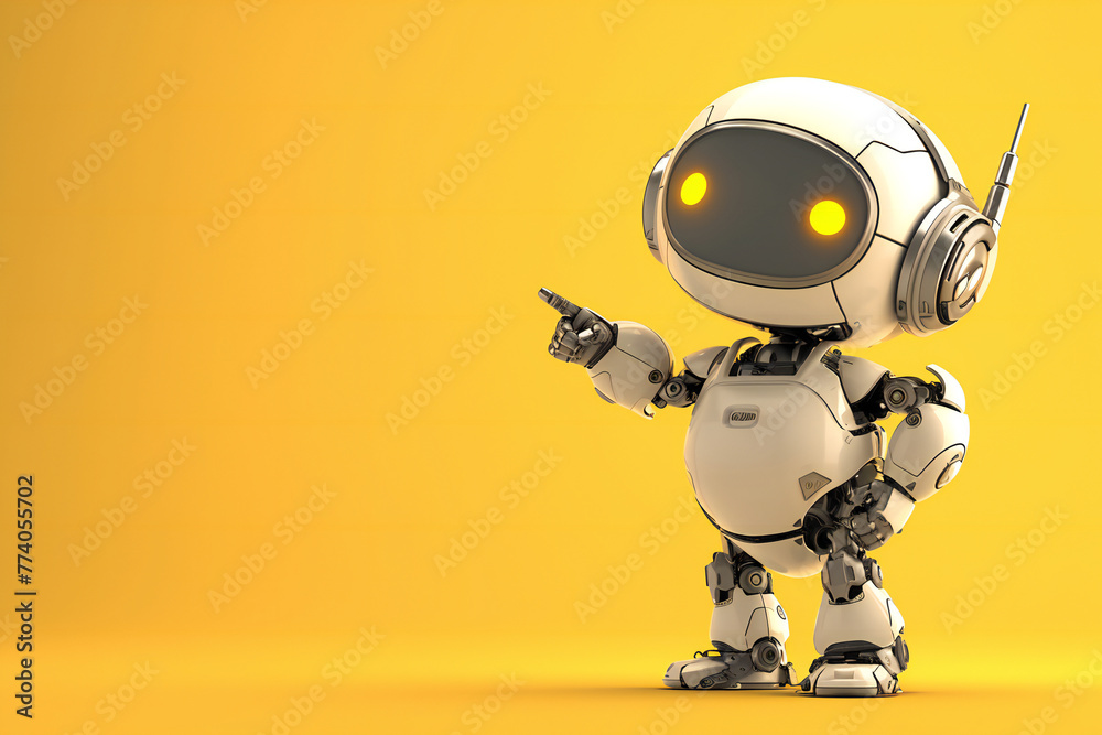 Positive cute robot pointing at a space. Copy space Positive cute robot pointing at a space. Copy space