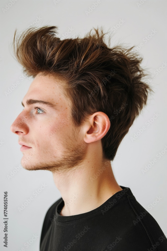 Close-up side portrait of a young man showcasing a detailed spiky hairstyle Close-up side portrait of a young man showcasing a detailed spiky hairstyle
