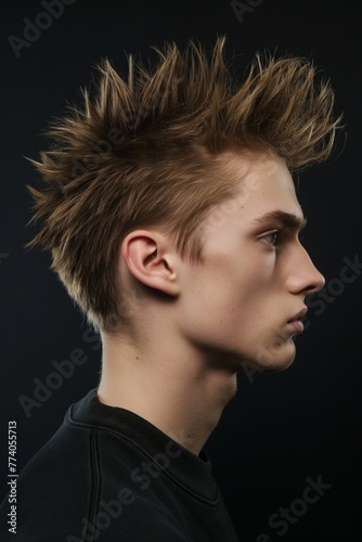 Profile view of a young man sporting a stylish spiky faux hawk against a dark background