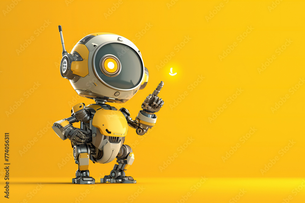 Positive cute robot pointing at a space. Copy space Positive cute robot pointing at a space. Copy space
