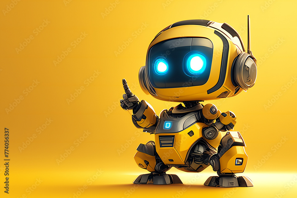 Positive cute robot pointing at a space. Copy space Positive cute robot pointing at a space. Copy space