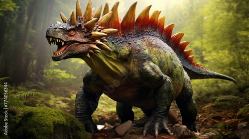 Stegosaurus dinosaurs in nature. Jurassic World  Historical extinct Animals living Many centuries before our era.