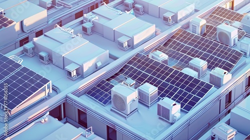 A busy urban rooftop, transformed into a mini solar power station, with panels installed amidst HVAC systems, highlighting the push for renewable energy sources in city landscapes.
